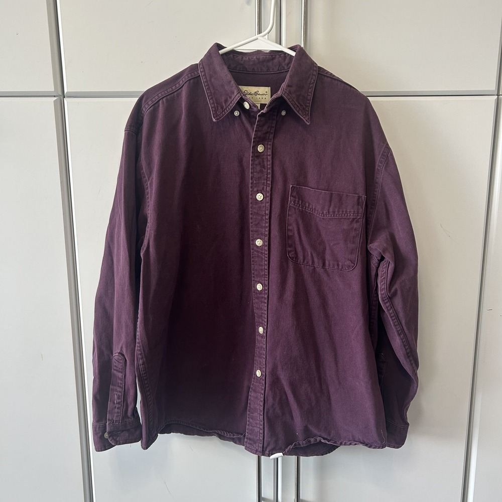 Eddie Bauer Mens Plum Purple Cotton Twill Button Down Shirt Medium Long Sleeve